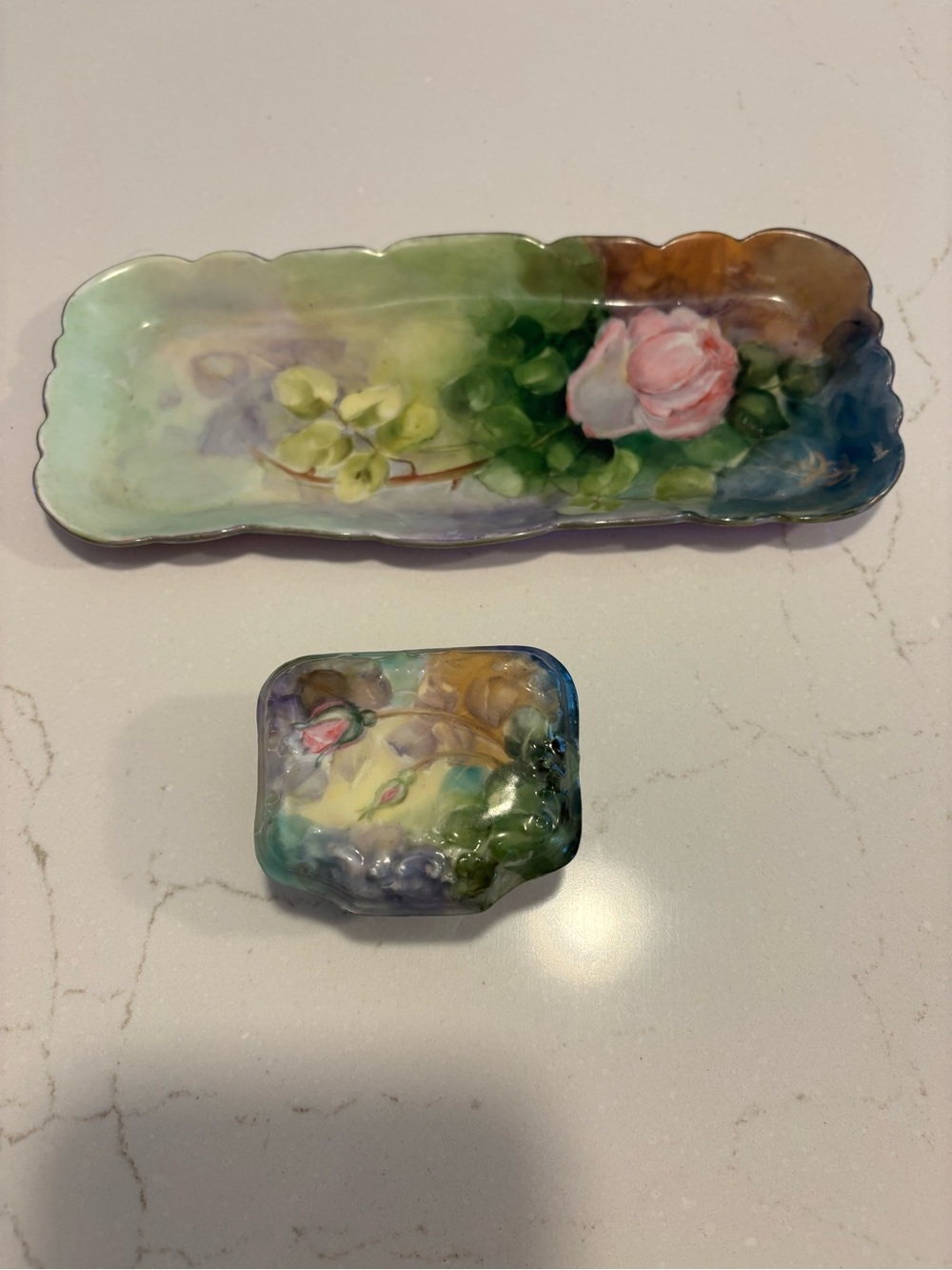 Limoges Hand-Painted Porcelain Tray and Trinket Box vanity set in Green and Pink